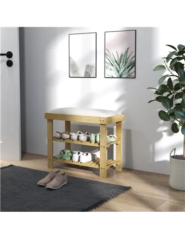 HOMCOM Bamboo Shoe Storage Bench, 3-Tier Shoe Bench with Seat Cushion, Shoe Rack for Entryway, Hallway, Living Room, Bedroom, Cr