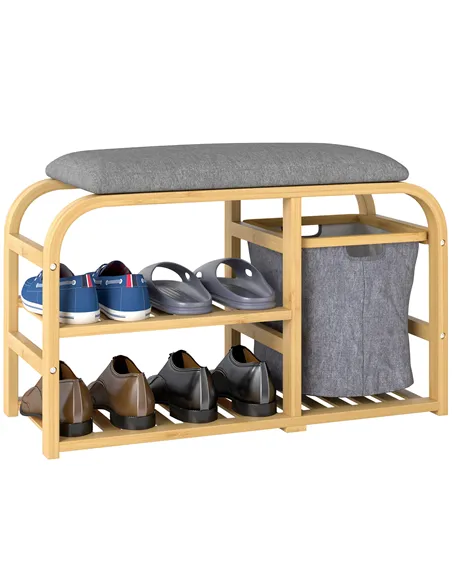 HOMCOM Bamboo Shoe Rack Bench with Padded Seat - Nature Wood Finish