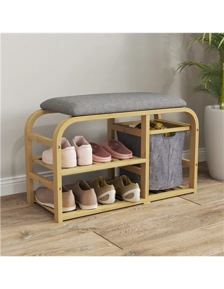 HOMCOM Bamboo Shoe Rack Bench with Padded Seat - Nature Wood Finish