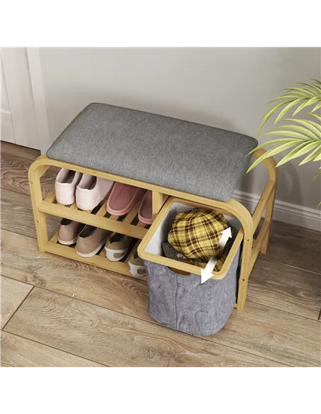 HOMCOM Bamboo Shoe Rack Bench with Padded Seat - Nature Wood Finish
