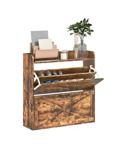 HOMCOM Two Flip Drawer Narrow Shoe Cabinet with Adjustable Shelves - Rustic Brown