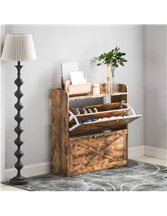 HOMCOM Two Flip Drawer Narrow Shoe Cabinet with Adjustable Shelves - Rustic Brown 2