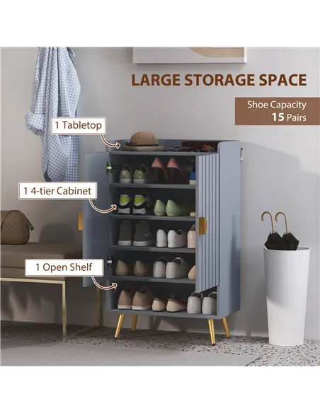 HOMCOM Modern Shoe Cabinet with 2 Doors, Open Shelf and Adjustable Shelves, 15 Pair Hallway Shoe Cupboard, Entryway Storage Unit