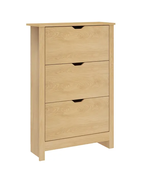 HOMCOM Slim Shoe Cabinet, Narrow Shoe Cupboard with 3 Drawers, Adjustable Shelves for 18 Pairs of Shoes, Natural Wood Finish