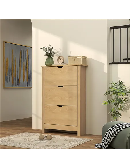 HOMCOM Slim Shoe Cabinet, Narrow Shoe Cupboard with 3 Drawers, Adjustable Shelves for 18 Pairs of Shoes, Natural Wood Finish