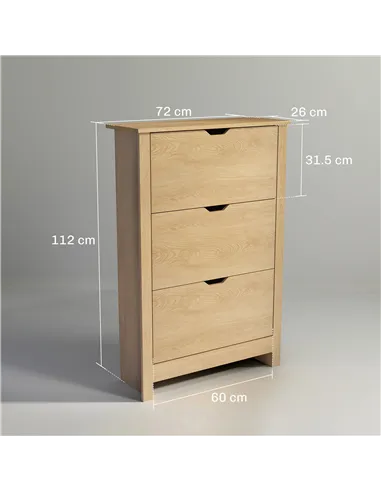 HOMCOM Slim Shoe Cabinet, Narrow Shoe Cupboard with 3 Drawers, Adjustable Shelves for 18 Pairs of Shoes, Natural Wood Finish