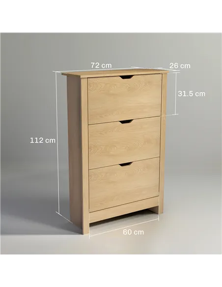 HOMCOM Slim Shoe Cabinet, Narrow Shoe Cupboard with 3 Drawers, Adjustable Shelves for 18 Pairs of Shoes, Natural Wood Finish