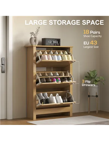 HOMCOM Slim Shoe Cabinet, Narrow Shoe Cupboard with 3 Drawers, Adjustable Shelves for 18 Pairs of Shoes, Natural Wood Finish