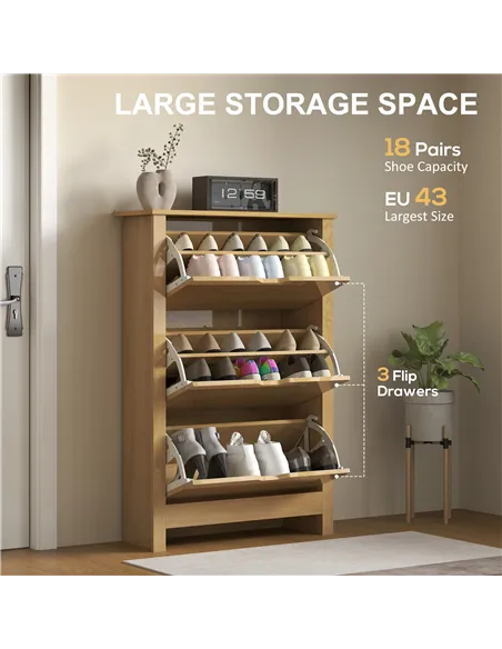 HOMCOM Slim Shoe Cabinet, Narrow Shoe Cupboard with 3 Drawers, Adjustable Shelves for 18 Pairs of Shoes, Natural Wood Finish