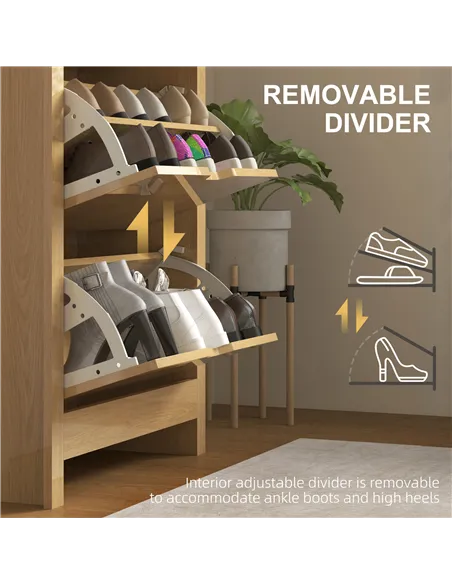 HOMCOM Slim Shoe Cabinet, Narrow Shoe Cupboard with 3 Drawers, Adjustable Shelves for 18 Pairs of Shoes, Natural Wood Finish