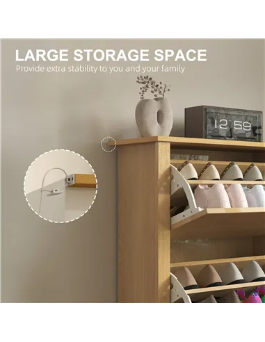 HOMCOM Slim Shoe Cabinet, Narrow Shoe Cupboard with 3 Drawers, Adjustable Shelves for 18 Pairs of Shoes, Natural Wood Finish