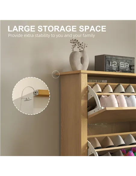 HOMCOM Slim Shoe Cabinet, Narrow Shoe Cupboard with 3 Drawers, Adjustable Shelves for 18 Pairs of Shoes, Natural Wood Finish