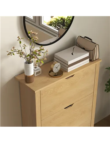 HOMCOM Slim Shoe Cabinet, Narrow Shoe Cupboard with 3 Drawers, Adjustable Shelves for 18 Pairs of Shoes, Natural Wood Finish