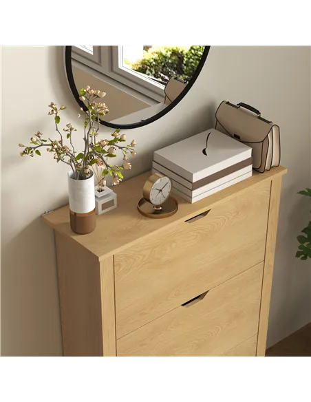 HOMCOM Slim Shoe Cabinet, Narrow Shoe Cupboard with 3 Drawers, Adjustable Shelves for 18 Pairs of Shoes, Natural Wood Finish