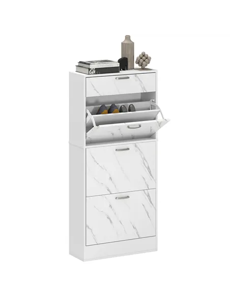HOMCOM Marble Shoe Storage Cabinet with 3 Flip Drawers, Hallway Cabinet with Top Drawer and Adjustable Shelves, Shoe Cupboard fo