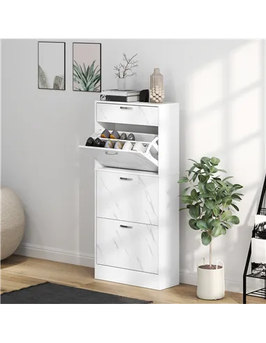 HOMCOM Marble Shoe Storage Cabinet with 3 Flip Drawers, Hallway Cabinet with Top Drawer and Adjustable Shelves, Shoe Cupboard fo