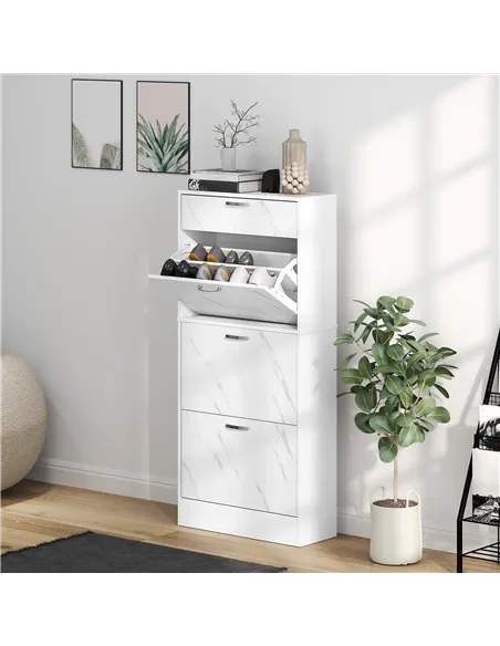 HOMCOM Marble Shoe Storage Cabinet with 3 Flip Drawers, Hallway Cabinet with Top Drawer and Adjustable Shelves, Shoe Cupboard fo