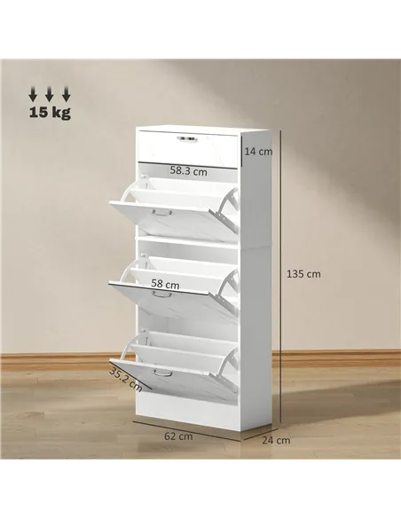 HOMCOM Marble Shoe Storage Cabinet with 3 Flip Drawers, Hallway Cabinet with Top Drawer and Adjustable Shelves, Shoe Cupboard fo