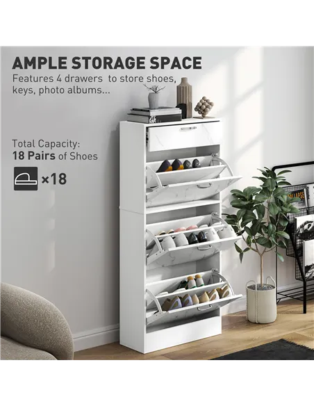 HOMCOM Marble Shoe Storage Cabinet with 3 Flip Drawers, Hallway Cabinet with Top Drawer and Adjustable Shelves, Shoe Cupboard fo