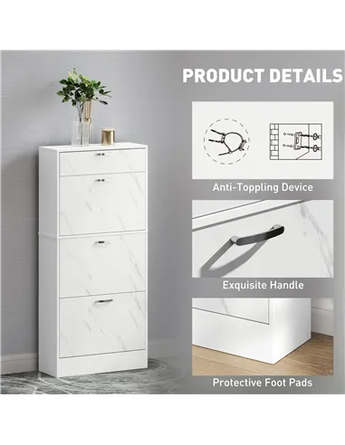 HOMCOM Marble Shoe Storage Cabinet with 3 Flip Drawers, Hallway Cabinet with Top Drawer and Adjustable Shelves, Shoe Cupboard fo