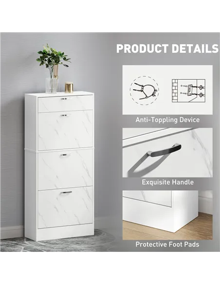 HOMCOM Marble Shoe Storage Cabinet with 3 Flip Drawers, Hallway Cabinet with Top Drawer and Adjustable Shelves, Shoe Cupboard fo