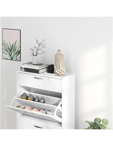 HOMCOM Marble Shoe Storage Cabinet with 3 Flip Drawers, Hallway Cabinet with Top Drawer and Adjustable Shelves, Shoe Cupboard fo