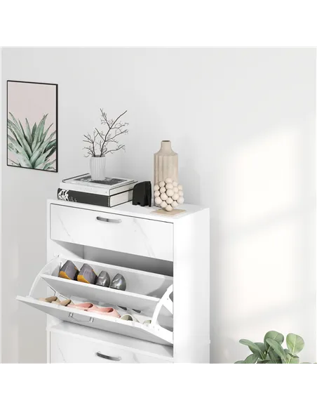 HOMCOM Marble Shoe Storage Cabinet with 3 Flip Drawers, Hallway Cabinet with Top Drawer and Adjustable Shelves, Shoe Cupboard fo