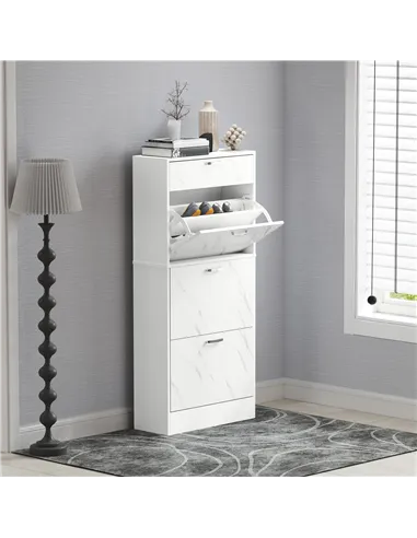 HOMCOM Marble Shoe Storage Cabinet with 3 Flip Drawers, Hallway Cabinet with Top Drawer and Adjustable Shelves, Shoe Cupboard fo