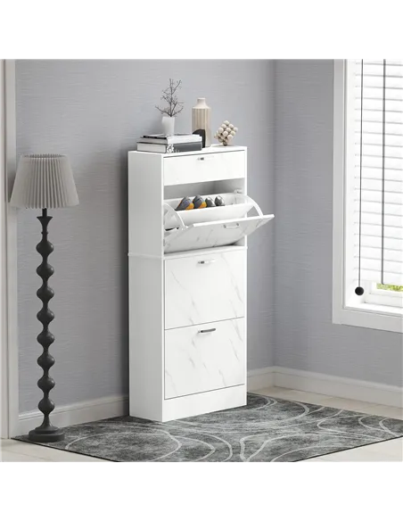 HOMCOM Marble Shoe Storage Cabinet with 3 Flip Drawers, Hallway Cabinet with Top Drawer and Adjustable Shelves, Shoe Cupboard fo