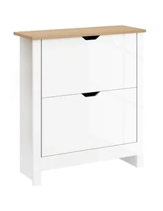 HOMCOM Slim Shoe Cabinet, Narrow Shoe Cupboard with 2 Flip Drawers, Adjustable Shelves for 12 Pairs of Shoes, High Gloss White