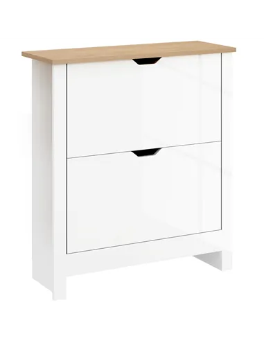 HOMCOM Slim Shoe Cabinet, Narrow Shoe Cupboard with 2 Flip Drawers, Adjustable Shelves for 12 Pairs of Shoes, High Gloss White