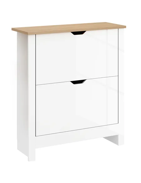 HOMCOM Slim Shoe Cabinet, Narrow Shoe Cupboard with 2 Flip Drawers, Adjustable Shelves for 12 Pairs of Shoes, High Gloss White