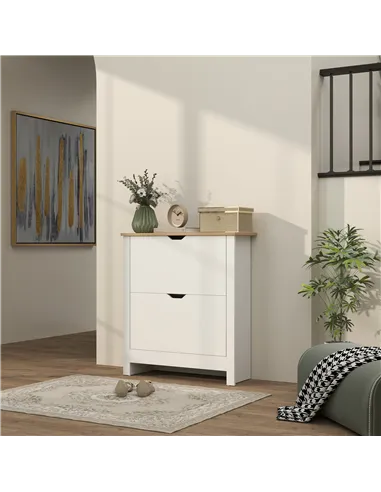 HOMCOM Slim Shoe Cabinet, Narrow Shoe Cupboard with 2 Flip Drawers, Adjustable Shelves for 12 Pairs of Shoes, High Gloss White