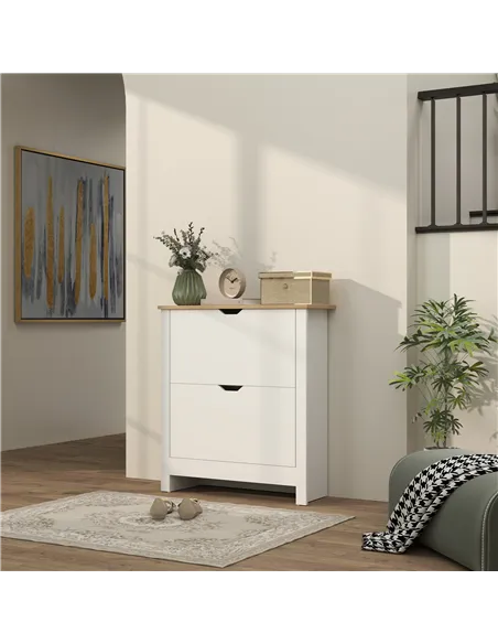 HOMCOM Slim Shoe Cabinet, Narrow Shoe Cupboard with 2 Flip Drawers, Adjustable Shelves for 12 Pairs of Shoes, High Gloss White