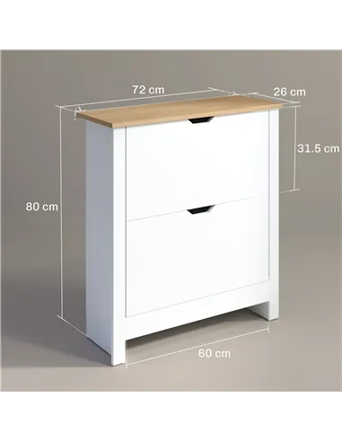 HOMCOM Slim Shoe Cabinet, Narrow Shoe Cupboard with 2 Flip Drawers, Adjustable Shelves for 12 Pairs of Shoes, High Gloss White