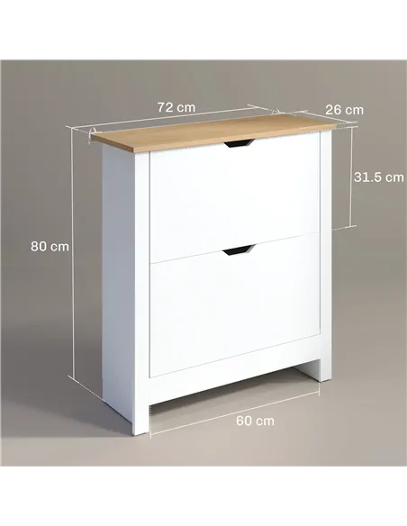 HOMCOM Slim Shoe Cabinet, Narrow Shoe Cupboard with 2 Flip Drawers, Adjustable Shelves for 12 Pairs of Shoes, High Gloss White