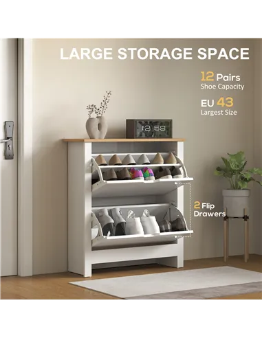 HOMCOM Slim Shoe Cabinet, Narrow Shoe Cupboard with 2 Flip Drawers, Adjustable Shelves for 12 Pairs of Shoes, High Gloss White