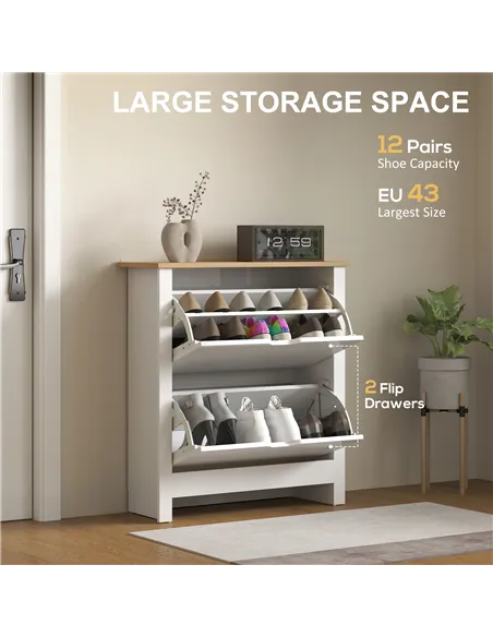 HOMCOM Slim Shoe Cabinet, Narrow Shoe Cupboard with 2 Flip Drawers, Adjustable Shelves for 12 Pairs of Shoes, High Gloss White