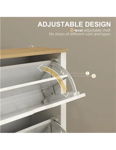 HOMCOM Slim Shoe Cabinet, Narrow Shoe Cupboard with 2 Flip Drawers, Adjustable Shelves for 12 Pairs of Shoes, High Gloss White