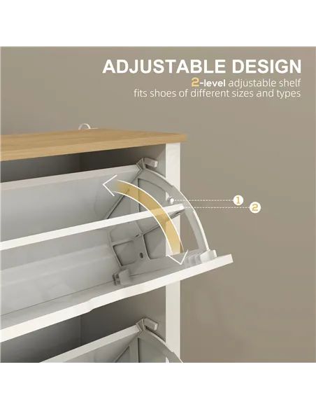 HOMCOM Slim Shoe Cabinet, Narrow Shoe Cupboard with 2 Flip Drawers, Adjustable Shelves for 12 Pairs of Shoes, High Gloss White