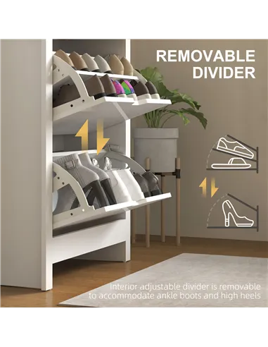 HOMCOM Slim Shoe Cabinet, Narrow Shoe Cupboard with 2 Flip Drawers, Adjustable Shelves for 12 Pairs of Shoes, High Gloss White