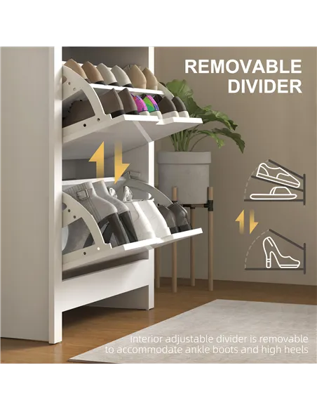 HOMCOM Slim Shoe Cabinet, Narrow Shoe Cupboard with 2 Flip Drawers, Adjustable Shelves for 12 Pairs of Shoes, High Gloss White