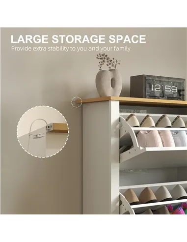 HOMCOM Slim Shoe Cabinet, Narrow Shoe Cupboard with 2 Flip Drawers, Adjustable Shelves for 12 Pairs of Shoes, High Gloss White