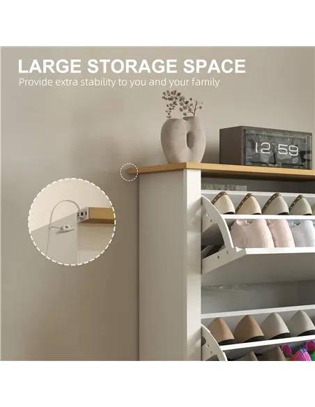 HOMCOM Slim Shoe Cabinet, Narrow Shoe Cupboard with 2 Flip Drawers, Adjustable Shelves for 12 Pairs of Shoes, High Gloss White