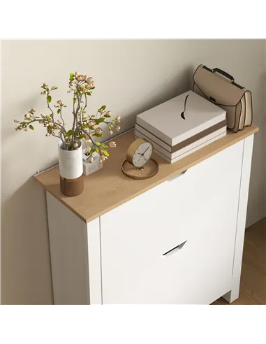 HOMCOM Slim Shoe Cabinet, Narrow Shoe Cupboard with 2 Flip Drawers, Adjustable Shelves for 12 Pairs of Shoes, High Gloss White