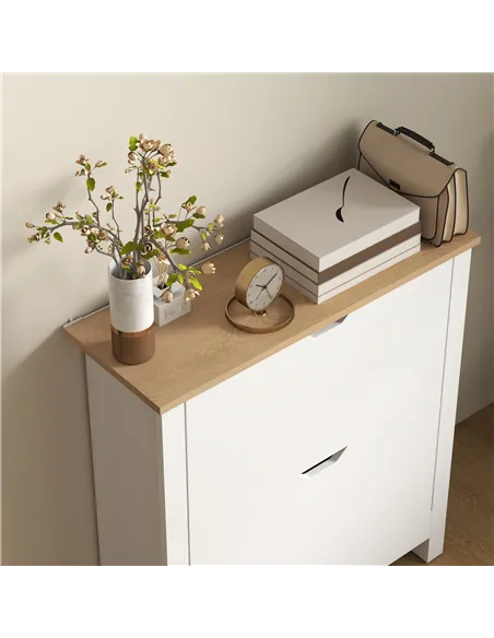 HOMCOM Slim Shoe Cabinet, Narrow Shoe Cupboard with 2 Flip Drawers, Adjustable Shelves for 12 Pairs of Shoes, High Gloss White