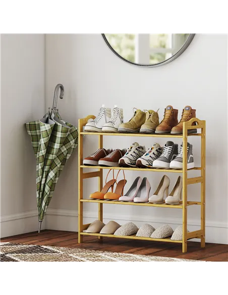 HOMCOM Freestanding Bamboo Shoe Rack, 4-Tier Shoe Shelf Stand for Hallway, Living Room, Bedroom, Natural Wood Finish