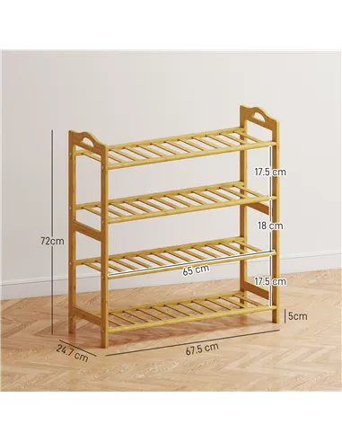 HOMCOM Freestanding Bamboo Shoe Rack, 4-Tier Shoe Shelf Stand for Hallway, Living Room, Bedroom, Natural Wood Finish