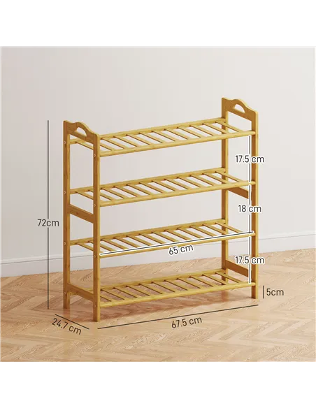 HOMCOM Freestanding Bamboo Shoe Rack, 4-Tier Shoe Shelf Stand for Hallway, Living Room, Bedroom, Natural Wood Finish