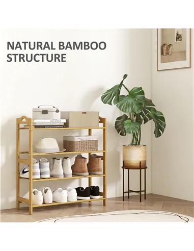 HOMCOM Freestanding Bamboo Shoe Rack, 4-Tier Shoe Shelf Stand for Hallway, Living Room, Bedroom, Natural Wood Finish